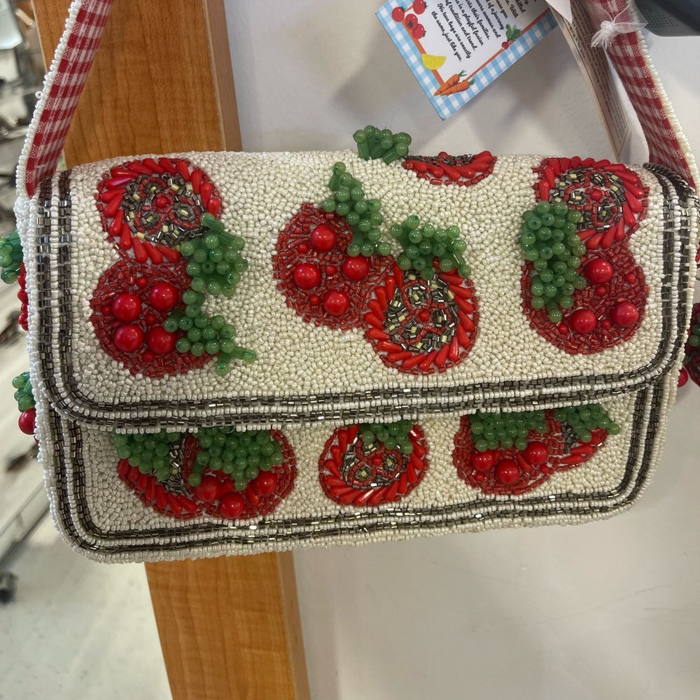Beaded Cherry Shoulder Bag - White/Red/Green
